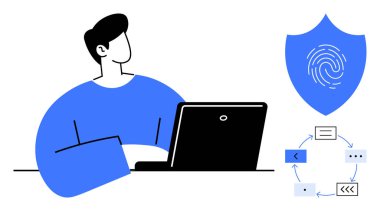 Dizüstü bilgisayarda çalışan bir adam, parmak izi olan bir kalkan ve güvenlik, veri koruması ve iş akışını simgeleyen bir diyagram. Siber güvenlik, teknoloji, mahremiyet, kimlik doğrulama veri akışı ofisi için ideal