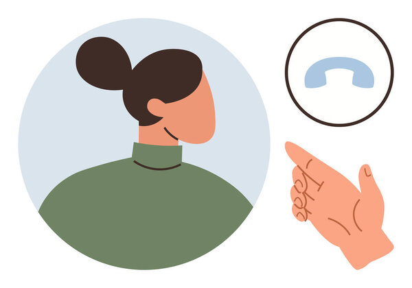 Женщина со связанными волосами, рука указывает на ретро-телефонный приемник в кругу. Идеально подходит для контактов, поддержки, общения, связи, помощи, руководства и обслуживания. Простая плоская метафора