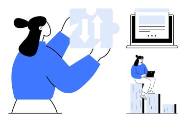 Elinde oklarla bulmaca tutan bir kadın, dizüstü bilgisayarla büyüme çubuklarında oturan bir kadın ve bir web sayfası. Problem çözme, işbirliği, strateji, büyüme, analiz teknolojisi gelişimi için ideal. Basit düz