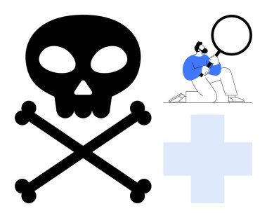 Kafatası ve çapraz kemikler tehlikeye karşı uyarır, tıbbi haç sağlığa işaret eder, ve araştırmacılar araştırmayı daha da büyütürler. Tehlike, sağlık, analiz, güvenlik, risk, dikkat için ideal