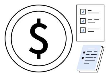 Çemberde büyük bir dolar işareti, işaretli görevleri olan bir kontrol listesi ve bir yığın belge. Finans, planlama, organizasyon, üretkenlik, iş stratejisi bütçeleme ve muhasebe temaları için ideal. A