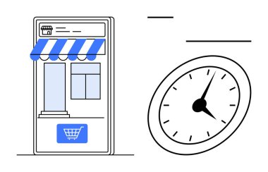 Çizgili tenteli akıllı telefon mağazası ve analog saatin yanında el arabası tuşu. E-ticaret, hız, verimlilik, çevrimiçi perakende, zaman tasarrufu, kolaylık, dijital alışveriş için ideal. Basit düz
