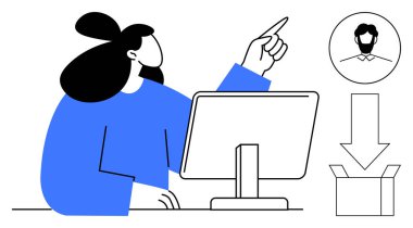 Masadaki kadın ekrandaki profili işaret ediyor, elinde de bir kutuya giden ok var. Veri transferi, profil yönetimi, organizasyon, depolama, teknoloji, takım çalışması ve iş akışı için ideal. Basit düz