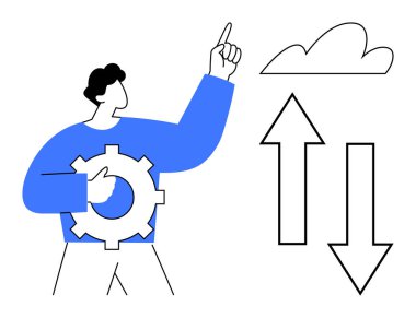 Elinde oklarla bir bulutu işaret eden veri transferini, bulut hesaplamasını sembolize eden bir vites tutan kişi. Yenilik için ideal, dijital dönüşüm, takım çalışması, iş stratejisi, bilişim çözümleri