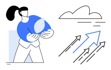 Kadın, ekolojik bilinci simgeleyen bir yaprak tutuyor. Oklar buluta doğru yükseliyor. Büyümeyi, ilerlemeyi ve sürdürülebilirliği temsil ediyor. Ticari büyüme, başarı, ekoloji, yenilik ve ilerleme için ideal