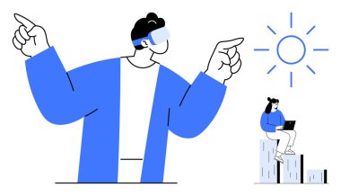 Sanal gerçeklik kulaklığı takan bir adam, ışık sembolüne doğru hareket eden bir kadın, yapı taşlarının üzerinde dizüstü bilgisayar kullanan bir kadın. Teknoloji, yenilik, uzak çalışma, iletişim, eğitim, takım çalışması için ideal