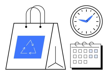 Geri dönüşüm simgesiyle yeniden kullanılabilir alışveriş çantası, saati gösteren saat ve planlama için takvim. Sürdürülebilirlik, eko-alışveriş, çevre bilinci, zaman yönetimi, zamanlama, organizasyon için ideal