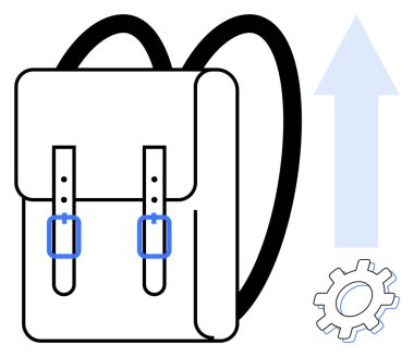 Yukarı doğru ok ve dişlinin yanına ayarlanabilir kayışları olan minimalist sırt çantası, büyümeyi, ilerlemeyi, eğitimi, gelişmeyi, yeniliği, seyahati ve kişisel gelişimi sembolize ediyor. Temiz düz metafor