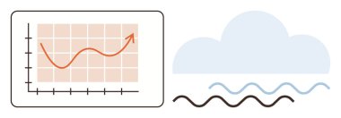 Yükselen eğilim çizgisi ve dalgalı soyut bulut grafiği büyüme, analiz ve çevre temalarını ortaya koymaktadır. İş büyümesi, iklim, veri, tahmin, eğitim ve sunum için ideal