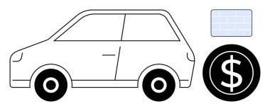 Bir dolar sembolü ve mavi dikdörtgen fayanslı bir madeni paranın yanında küçük bir araba çizimi. Araba finansmanı, kiralama, kiralama, sigorta, otomobil ekonomisi, fiyatlandırma, basit düz metafor temaları için ideal