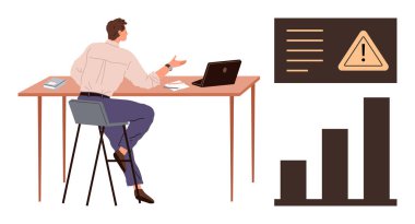 Masada dizüstü bilgisayarla oturan bir adam ekranda bir uyarı işareti ve bar tablosunu tartışıyor. Takım çalışması, sorun analizi, strateji, karar verme, risk yönetimi, analitik, iş