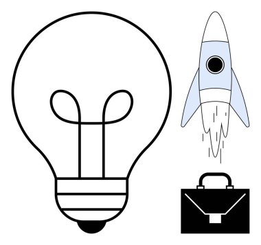Büyük ampul, roket fırlatma ve evrak çantası yaratıcılığı, yeniliği, başarıyı ve ilerlemeyi simgeler. Girişimcilik, iş stratejisi ve büyüme ilhamı için ideal