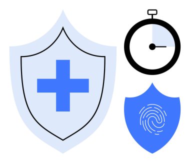 Çapraz sağlık güvenliğinin kalkanı, zaman yönetimi için kronometre, biyometrik korumayı sembolize eden parmak izli kalkan. Güvenlik, sağlık, teknoloji, kimlik, sigorta için ideal