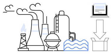 Bacaları ve depolama tankları olan sanayi fabrikası, doğal gaz çıkarma, bulut sembolleri, dijital işlemler ve veri akışı. Otomasyon, üretim, sürdürülebilirlik, enerji dijitalleşmesi için ideal
