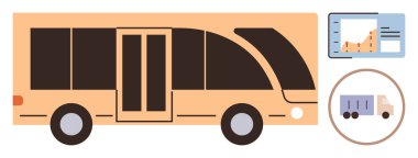 Modern bir otobüsün düz tasarımı, performansı analiz eden veri tablosu ve bir lojistik kamyon ikonu. Ulaşım, teknoloji, veri analizi, lojistik, filo yönetimi, yenilik için ideal