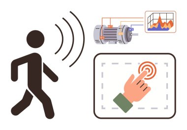 Yürüyen kişiden gelen kablosuz sinyaller ve kontrollü ekipman düzeneği, düğme etkileşimi ve veri grafik analizi. Otomasyon, IOT, Tech, izleme, endüstri ve kontrol sistemleri için ideal