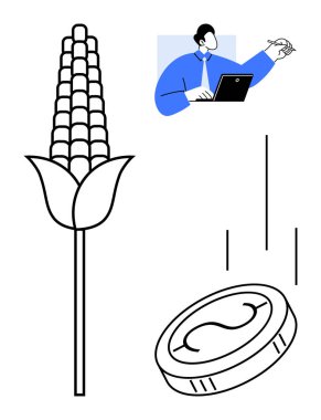 Mısır sapı düşen bir bozuk para ve dizüstü bilgisayar kullanan bir profesyonelle eşleştirilmiş. Tarım, ekonomi, yatırım, sürdürülebilirlik, tarım sektörü büyümesi, teknoloji ve yenilik için idealdir. Basit düz