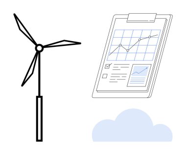 Analitik çizelgeler ve bulut elementi ile birlikte rüzgar türbini. Enerji izleme, yenilenebilir enerji, veri analizi, sürdürülebilirlik, eko-ticaret, çevresel etki, basit düz