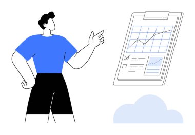 Grafikler, çizelgeler ve kontrol listesiyle panoya bakan kişi. İş stratejisi, veri analizi, rapor görselleştirme, takım çalışması, planlama sunumları kurumsal büyüme için idealdir. Basit düz