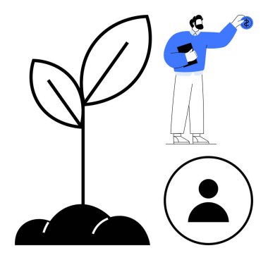 Toprakta filizlenen genç bitki büyümeyi simgeliyor, elinde para tutan adam ekonomik bakıma odaklanıyor, dairesel avatar ikonu. Sürdürülebilirlik, finans, takım çalışması, büyüme, eğitim, kalkınma için ideal