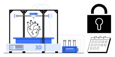 3D yazıcı, güvenlik kilidi simgesi ve takvimin yanında bir insan kalbi modeli yaratıyor. Teknoloji, sağlık yeniliği, veri güvenliği, geleceğin tıbbı, programlama, organ araştırması için ideal
