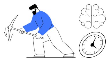 Kazma sallayan kişi, yaratıcılık için beyin ve zaman farkındalığı için saat ile eşleştirilmiş çabayı sembolize eder. Üretkenlik, iş ahlakı, odaklanma, yenilik, inatçılık, verimlilik için idealdir.