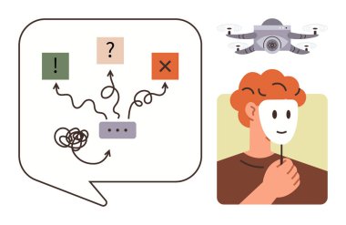 Karar verme yolları, kafa karışıklığı, berraklık ve hatalar için ikonlar içeren konuşma balonu. Maske tutan kişi, tepesinde süzülen kuadkopter. Tercihler için ideal, kimlik, teknoloji, problem çözme yaratıcılığı