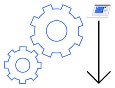 Aşağı bakan bir okla bilgisayar ekranını gösteren birbirine kenetlenmiş iki vites. Otomasyon, iş akışı, optimizasyon, verimlilik, mühendislik, yazılım, geliştirme için ideal. Temiz ve basit bir daire