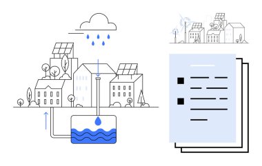 Güneş panelleri, ağaçlar, yağmur, yeraltı su tankı sistemi ve belgeleri olan yerleşim yerleri. Sürdürülebilirlik, yenilenebilir enerji, eko-yaşam, su yönetimi kentsel planlama için ideal