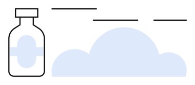 Haçlı ilaç şişesi, yumuşak bulut elementi ve çizgiler sağlık, çevre ve bakım fikirlerini çağrıştırıyor. Sağlık, sürdürülebilirlik, sağlık, eczane tıbbı güvenliği ve denge için ideal