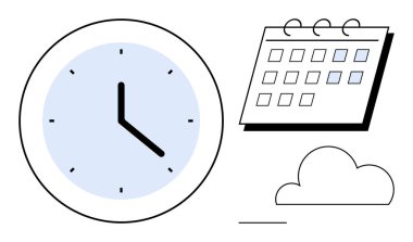 Saati gösteren saat, işaretli tarihli takvim ve bulut grafiği. Zamanlama, zaman yönetimi, planlama, üretkenlik, süreler, çevrimiçi araçlar için ideal basit düz metafor