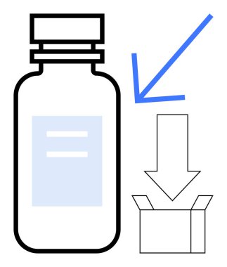 Mavi okun yanındaki ilaç şişesi açık kutuyu gösteriyor. Sağlık, lojistik, sevkiyat ve dağıtımı sembolize ediyor. Teslimat, depolama, sağlık hizmetleri, ilaç tedarik zinciri için ideal