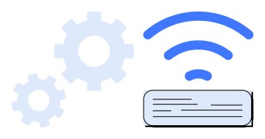 Ağ yönlendirici, sistem özelleştirmesini sembolize eden dişlilerin yanında kablosuz dalgalar yayıyor. Teknoloji, iletişim, ağ, kablosuz kurulum, otomasyon, yenilik ve bağlantı için ideal