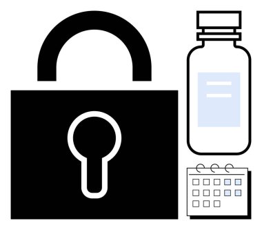 Kilit, ilaç şişesi ve takvim tıbbi güvenliği, veri gizliliğini, ilaç yönetimini ve programlamayı simgeliyor. Sağlık, güvenlik, planlama gizlilik koruma uyumu için ideal