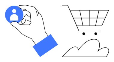 Minimalist alışveriş arabası ve bulutun yanında el ele tutuşan kullanıcı profili simgesi, e-ticareti, bulut deposunu, müşteri yönetimini, veri paylaşımını, kişiselleştirmeyi ve ağı sembolize ediyor. Dijital için ideal