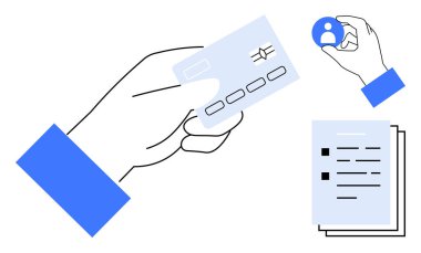 Elinde bir kredi kartı, elinde dairesel kullanıcı profili ve bir yığın belge var. Dijital ödemeler, kimlik doğrulama, çevrimiçi işlemler, güvenlik, veri yönetimi, uyum için ideal