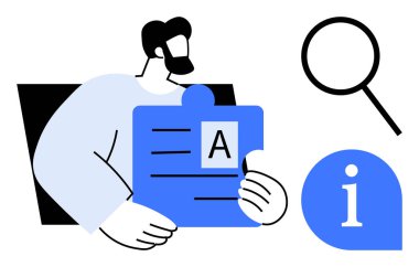 A harfi, metin ve harf ile bilgiyi temsil eden bir yapboz parçası elinde tutan kişi büyüteç ve bilgi işareti. Eğitim, araştırma, analiz, problem çözme, veri, öğrenme için ideal