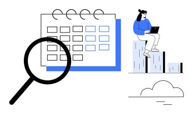 Büyüteçle takvim, dizüstü bilgisayarda çalışan bir kadın istiflenmiş çubuklar ve bulut çizimi. Planlama, analiz, organizasyon, çalışma stratejisi, araştırma, üretkenlik ve basitlik için ideal