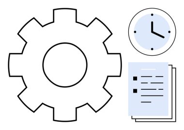 Saatin yanında ekipman ve istiflenmiş belgeler üretkenliği, takım çalışmasını, zaman verimliliğini ve planlamayı ön plana çıkarıyor. İş akışı, verimlilik, strateji, organizasyon, liderlik projesi yönetimi için ideal