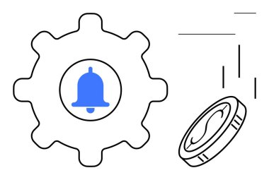 Otomasyon, alarm, finansal süreçler ve verimliliği simgeleyen ana tebligat çanı ve madeni para atma unsurlarına sahip vites. Teknoloji, fintech, bildirim, finans ve sistemler için ideal