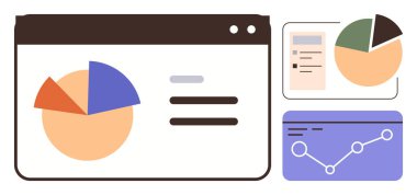 Pasta grafikleri ve metin tutucularla veri trendlerini gösteren bir çizgi grafiği içeren etkileşimli bir panel. Analiz, raporlama, iş stratejisi, eğitim, araştırma, pazarlama için ideal