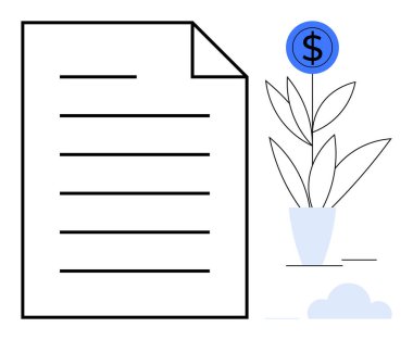 Bir dolar ikonuyla kaplı büyüyen bir saksı bitkisinin yanında çizgileri olan bir belge. Finans, yatırım, ticaret, strateji, büyüme, planlama ve ekonomik kavramlar için idealdir. Basit düz metafor