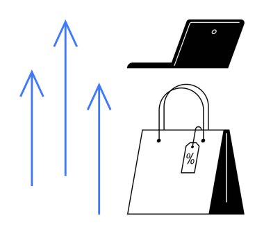 Dizüstü bilgisayarın yanında indirimli etiketli alışveriş çantası ve e-ticaret büyümesini, satışları ve dijital eğilimleri sembolize eden yukarı dönük oklar. Perakende, iş, teknoloji, dijital pazarlama için ideal, çevrimiçi