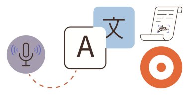 Ses girişi için mikrofon, çeviri simgeleri, el yazısıyla yazılmış belge ve dairesel hedef. İletişim, teknoloji, dil, eğitim erişilebilirlik iş akışı işbirliği için idealdir. Basit düz