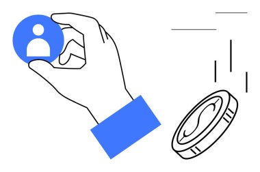 Seçimi, karar vermeyi, riski, işe alınmayı, değerlendirmeyi, yatırımı, öncelikleri ve iş tercihlerini temsil eden düşen bir madeni paranın yanında bir profil simgesini kavramak. Basit bir daire için ideal
