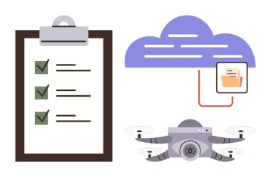 Kontrol listesi olan pano, bir dosya depolanan bulut ve dörtgen dörtgen. Görev yönetimi için ideal, teknik yenilik, veri depolama, organizasyon, otomasyon, uzaktan çalışma basit düz metafor