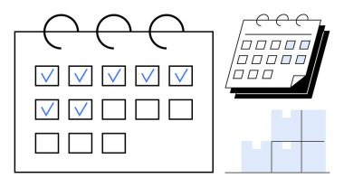 Kontrol işaretli, üst üste dizilmiş sayfalar ve organize edilmiş kutular içeren spiral takvim. Zaman yönetimi, üretkenlik, görev planlaması, teslim tarihleri, program takibi, basit düz metafor için ideal