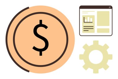 Madeni parada büyük dolar işareti, ayar takımı ve web sayfası arayüzü. Finans, iş stratejisi, e-ticaret, bankacılık, yatırımlar, web tasarım teknolojisi entegrasyonu için ideal. Basit düz metafor