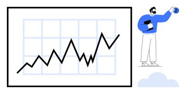Şebekede keskin açıları olan yükselen çizgi grafiği, tableti tutan kişi. İş için ideal, büyüme, ilerleme, analiz, başarı, strateji teknolojisi. Basit düz metafor