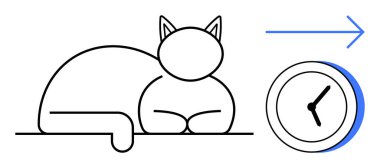 Kedi sakince yatıyor, saati temsil ediyor ve ok ileri hareketi işaret ediyor. Zaman yönetimi, sabır, rahatlama, ilerleme, farkındalık, iş hayatı dengesi temaları için ideal. Basit.